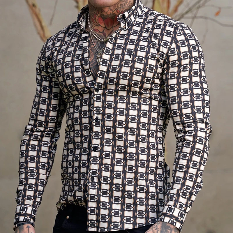 

Vintage Graphic Print Long Sleeve Shirts Men Fall Casual Turn-down Collar Button-up Tops For Mens Fashion Loose Shirt Streetwear