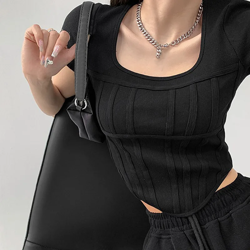 

2022 Spring Women T-shirt Y2k Crop Tops Long Sleeve O Neck Cotton Shirts E Girl Bustier Harajuku Pullover Streetwear