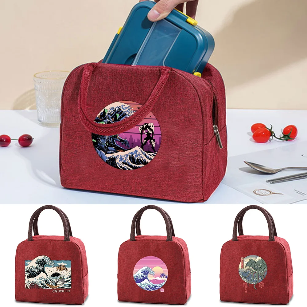 

Fashion Wave Print Pattern Lunch Bags Canvas Cooler Dinner Bento Tote Thermal School Picnic Insulated Food Storage Pouch Handbag
