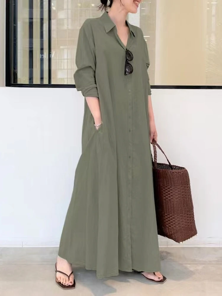 

Clothes Pockets Shirt Maxi Solid Color Dress for Women Casual Autumn Long Sleeve Single-breasted A-line Cotton Dresses Femme