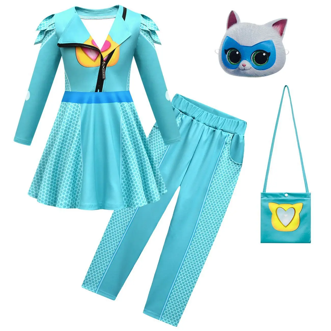 NEW SuperKitties Cosplay Costume Children Girls Super Kitties Anime Clothes Dress+mask Set Kids Carnival Halloween Birthday Gift