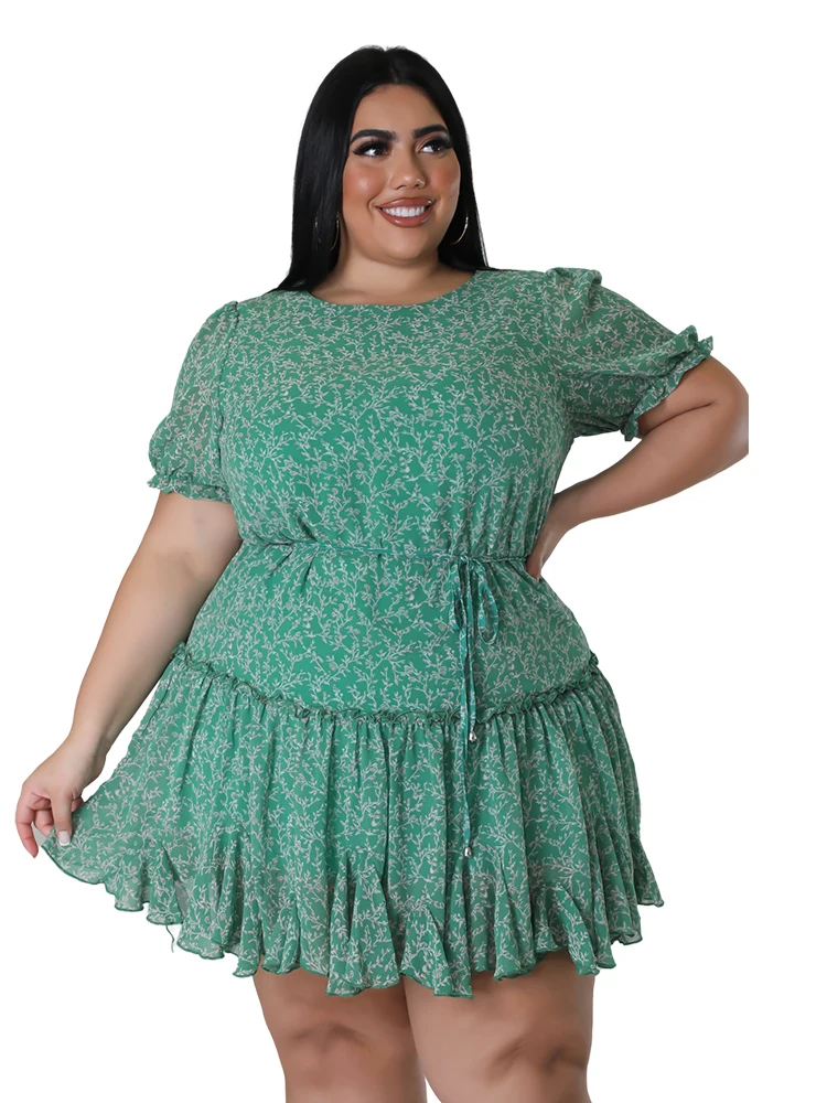 Elegant Floral Print Plus Size Women Dress Spring Summer Casual O Neck Short Sleeve Chiffon A Line  Dress Party Vestidos