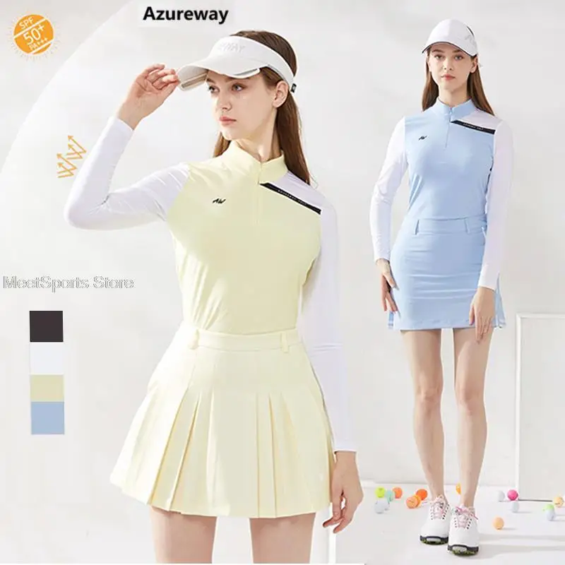 

Azureway Women Ice Silk Long Sleeve Shirt Sunscreen Cooling Tops Golf Split A-Line Skirt Lady Pleated Skort Elegant Clothing Set