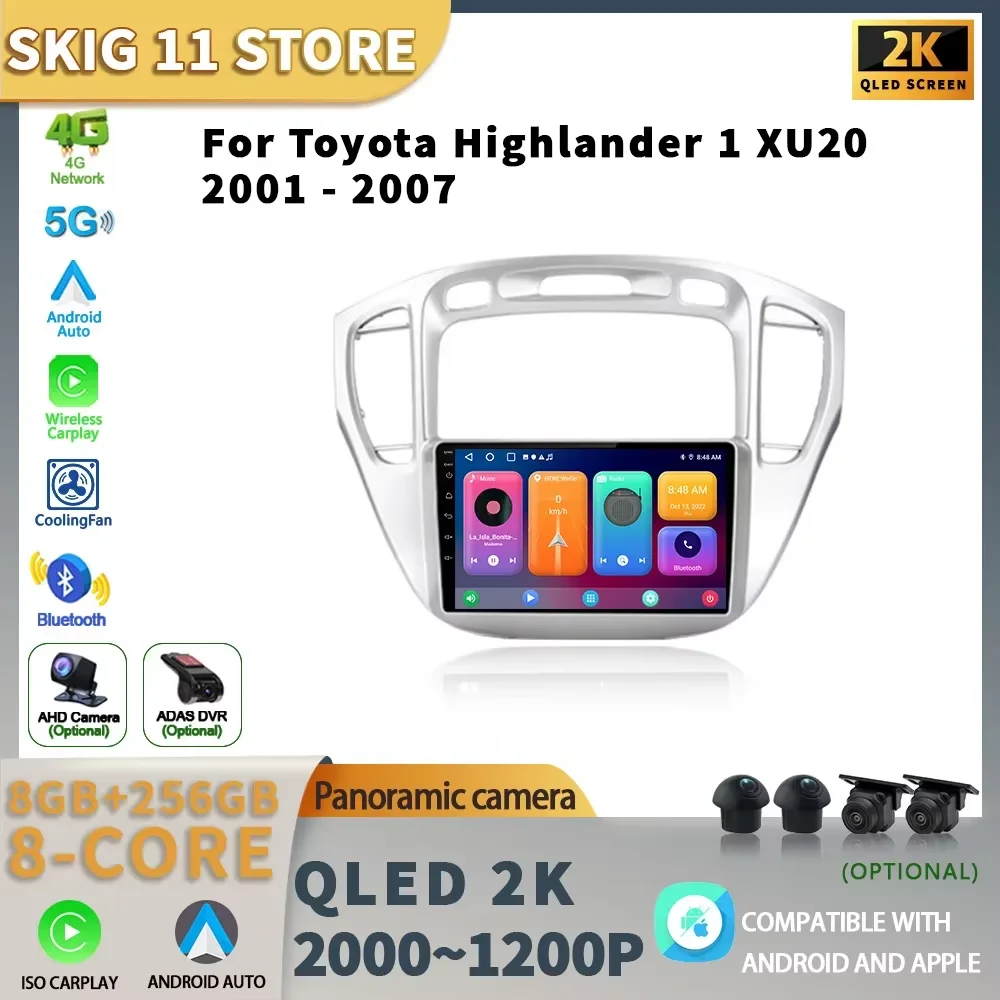 Беспроводной стерео экран CarPlay Android 14 для Toyota Highlander 1 XU20 2001-2007 автомобильный