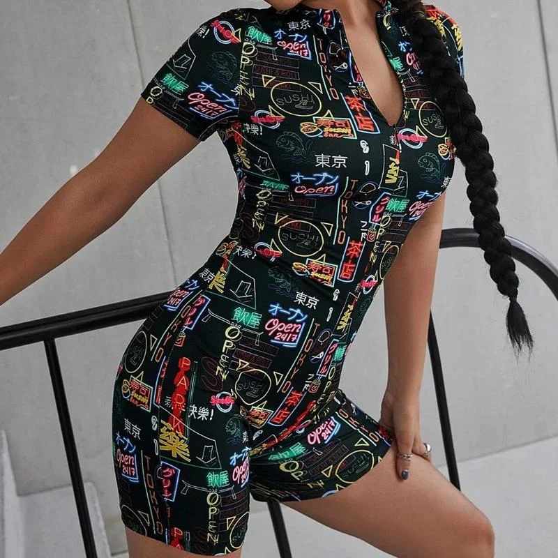 Fashion Women Rompers Elastic Letter Print Hight Cut Knee Length Bodycon Jumpsuit Sexy Night Club Party Playsuit Beach Bodysuits