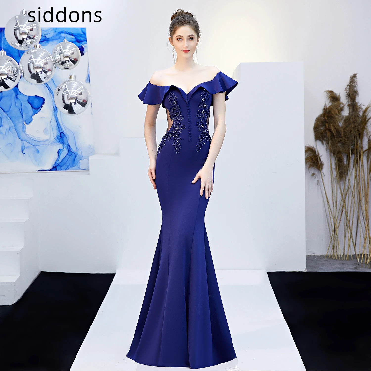 

Summer Party Evening Dresses Women Off the Shoulder Applique Satin Prom Gown Vintage Fishtail Wedding Banquet 2022 New Arrivals