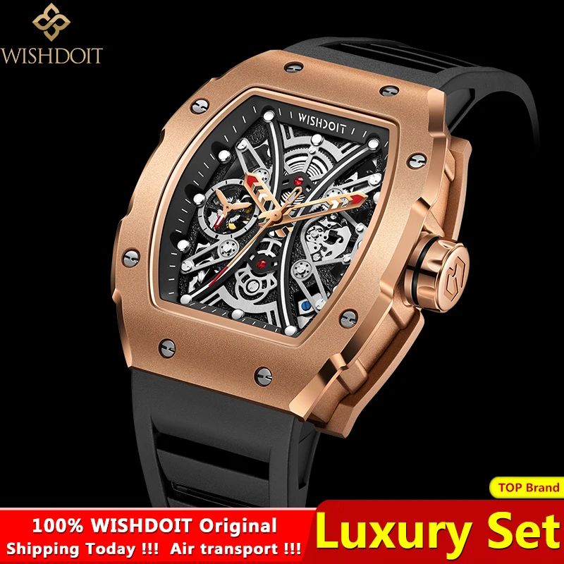 

100%Original WISHDOIT Men Automatic Mechanical Watch Rubber Tape Waterproof Watches 2023New Fashion Business Tonneau Clock