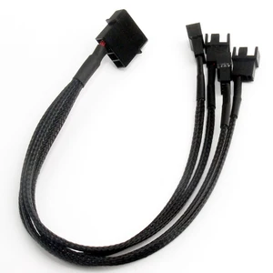 1 to 4 way Y splitter sleeve type 4 pin Molex male to 2x 3 pin / 4 pin PWM male connector fan extension adapter cable 30 cm blac