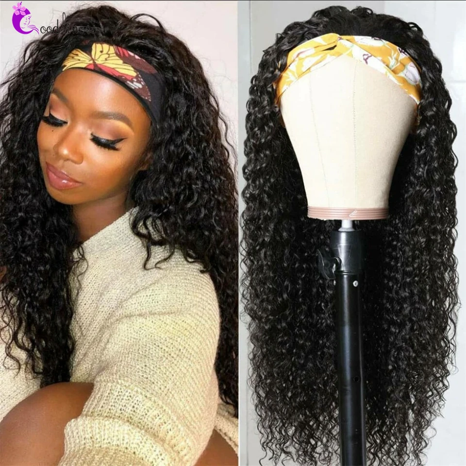 

Goodliness Water Curly Wave Wig HeadBand Human Hair Full Machine Wig Made Scalp Wigs 150 Density Remy Brazilian Long Hair 30