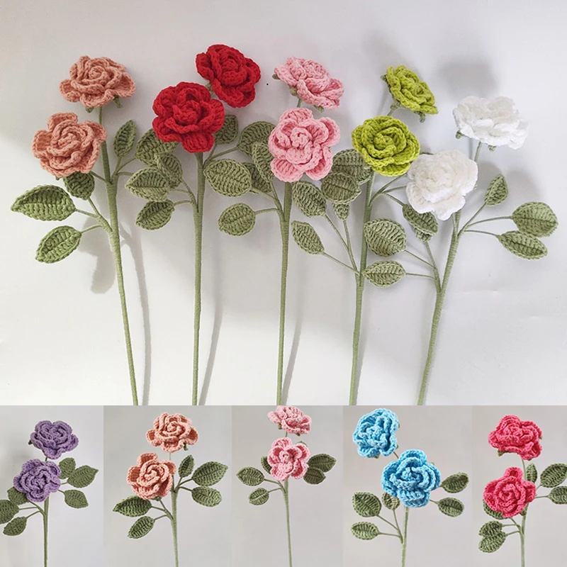 

1PC Artificial Crochet Flowers Hand-knitted Rose Flower Bouquet DIY Wedding Party Decor Homemade Valentine Mother's Day Gifts
