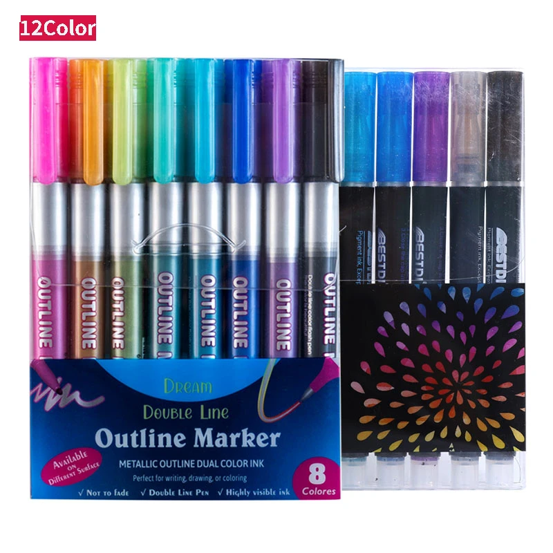 8/12Pcs Color Double Line Outline Art Marker Pen Graffiti Highlighter For Adult Coloring Books Journals Drawing Kids Graffiti