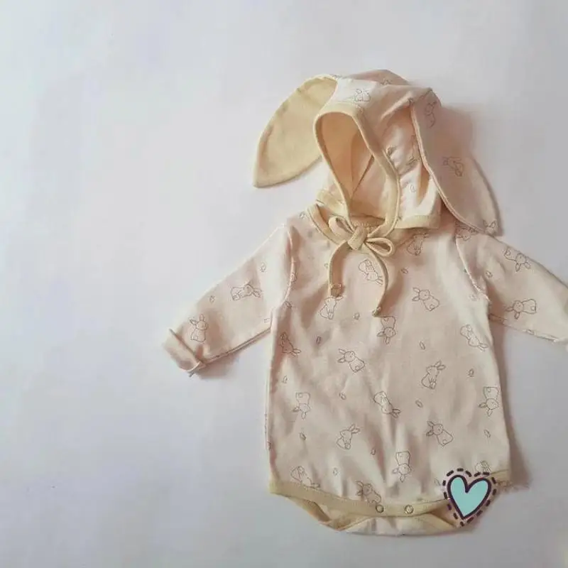 

Baby Girl Cute Rabbit Print Full Sleeves Jumpsuit Boy Cotton Bodysuit One Piece Infant Outfits With Fashion Rabbit Ear Cap