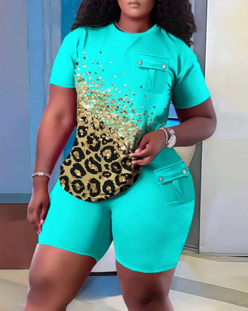 Casual Women's Tees+Shorts 2 Piece Sets 2023 Summer Fashion Solid Short Sleeve Home Patch Bag Tops Pants Suit S-XXXL