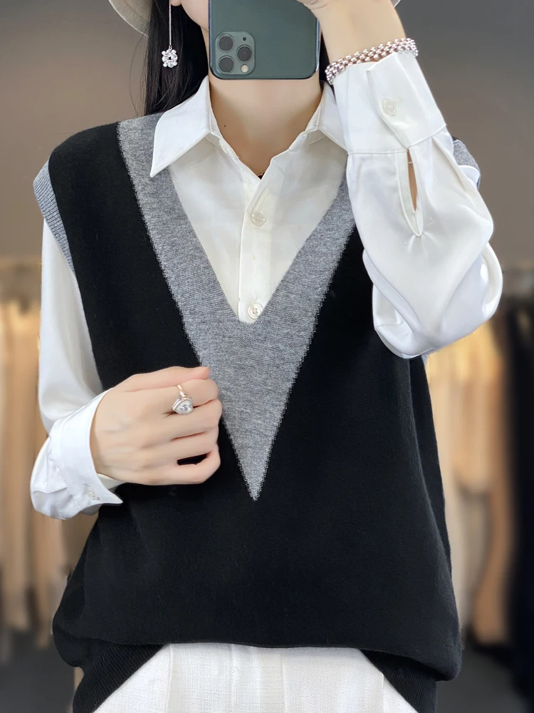 

New Autumn/Winter Women's Vest Casual V-neck Knitwear Loose Pullover Vest Spliced ​​Sleeveless Sweater Basics Tops