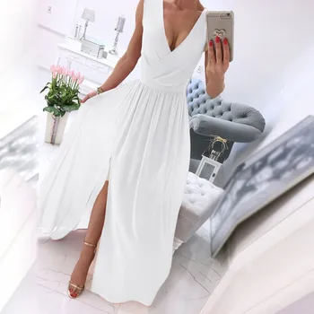 Sexy Elegant Party Long White Dress For Ladies V Neck Sleeveless Slit Hem Dress Formal Cocktail Dresses Vestidos De Graduación 1