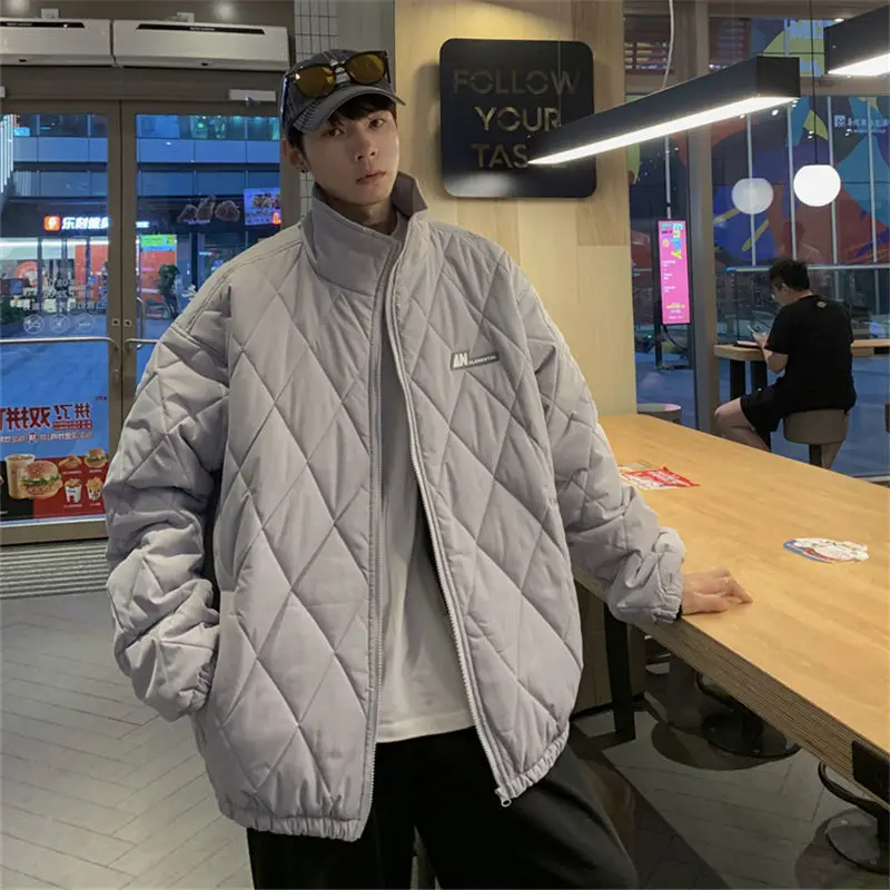 Lingge Korean Version Loose and Simple Autumn and Winter New Solid Color Stand-up Collar Coat Thickened Warm Cotton Coat