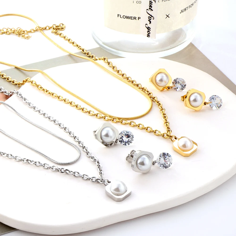 

2022 New Stainless Steel Round Imitation pearls Necklace Earrings Set For Women Gold Silver Color Fashion Jewelry Set Wholesale