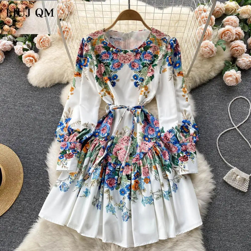 

Женское модельное винтажное платье с цветочным принтом, белое короткое ТРАПЕЦИЕВИДНОЕ платье миди с О-образным вырезом и длинным рукавом-ф...