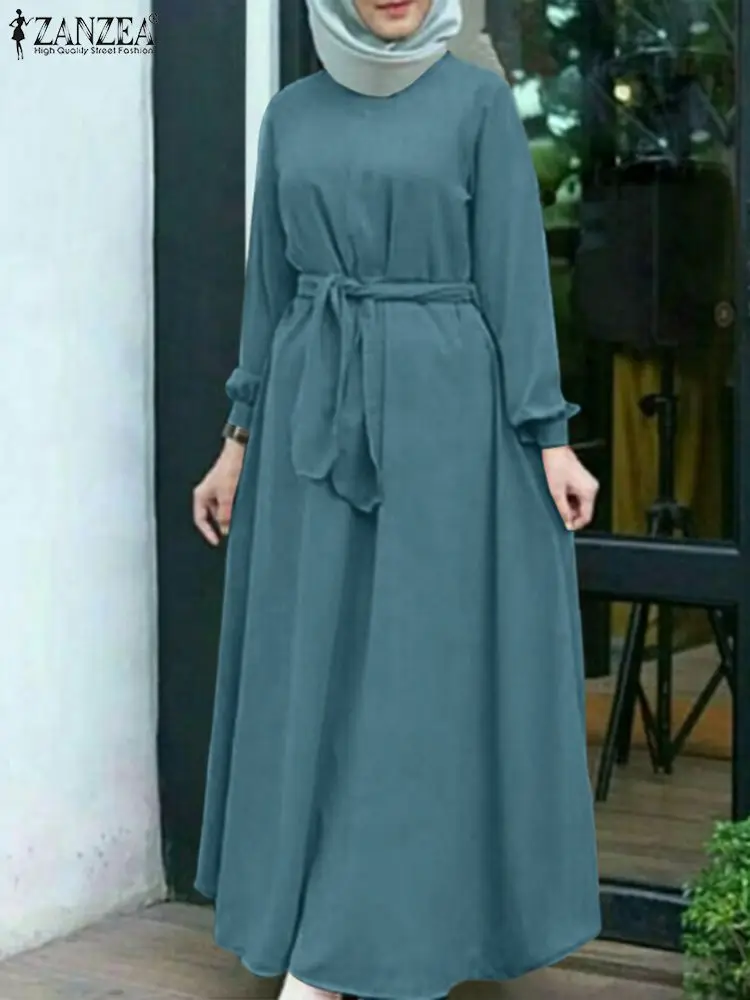 

Праздвечерние чный хиджаб Марокко Abaya, свободные мусульманские Макси-платья с поясом ZANZEA, женское однотонное платье с длинным рукавом и кру...