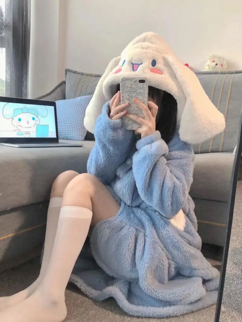 

Kawaii Sanrio Pajamas Cinnamorll Accessories Cute Soft Plush Thickening Home Wear Set Autumn Winter Warm Anime Toys Girls Gift