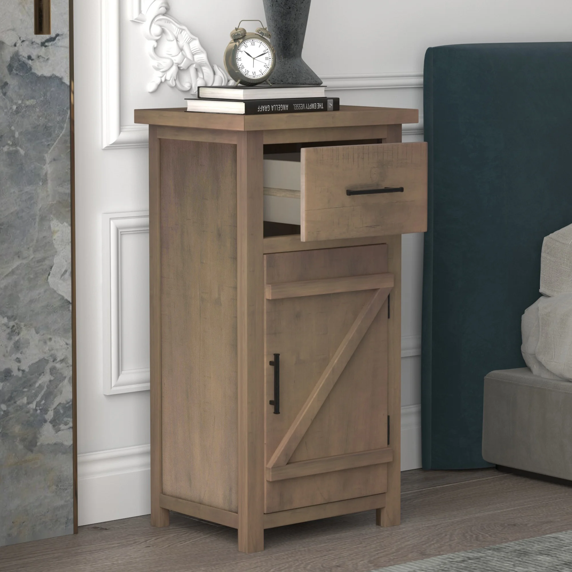 

Vintage Nightstand with Sliding Drawer and Flipping Storage Cabinet,Natural