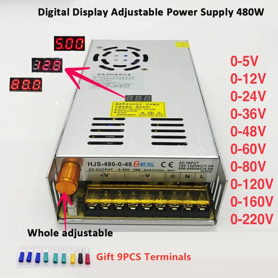 

Трансформатор переменного тока 110 В 220 В до 5 в 12 В 24 в 36 в 48 в 60 в 80 в 120 в 160 в 220 В 480 Вт с цифровым дисплеем, источник питания 12 В, светодиодный дра...