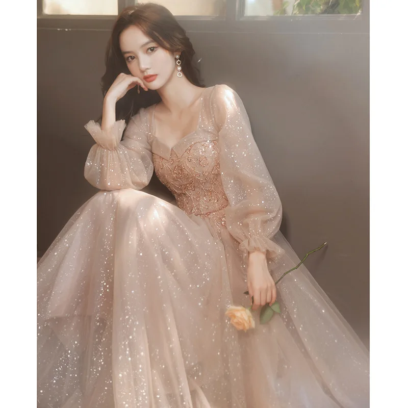 Champagne A-Line Qipao Vestidos Novelty Lace Flower New Prom Party Dress Women Court Style Long Sleeve Maxi Gown Cheongsam