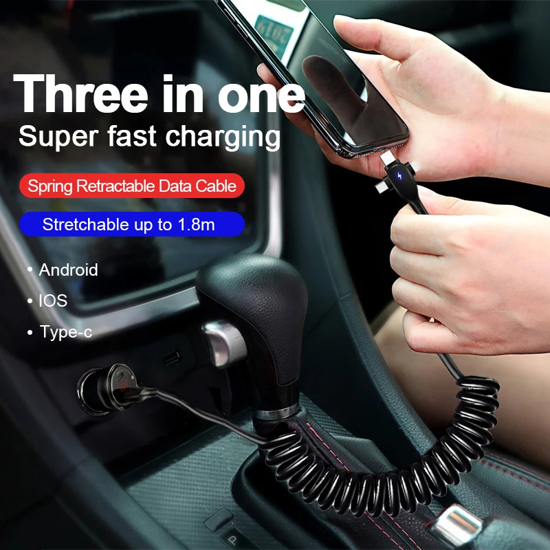 

5A 3in1 1.8M Spring Charging Cable For Huawei Xiaomi Sansung Super Fast Charge Data Cable USB A to Micro USB Type-C For IPhone