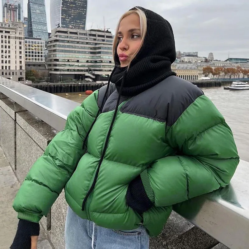 

2022 Women's Winter Coats Solid O-neck Zipper Contrast Colors Loose Long Sleeve Women Jacket Autumn Casual Lady Padded Jackets