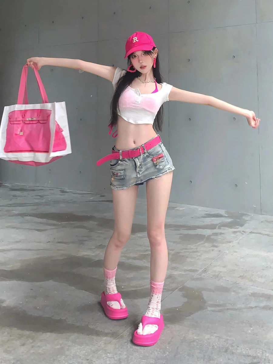 Женские джинсы REDDACHiC Y2k с поясом обтягивающие мини-юбки из денима потертостями