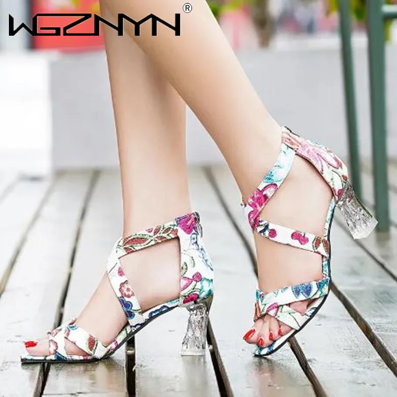 

Сандалии женские с цветочным принтом, открытый носок, ремешок на щиколотке, модная летняя обувь