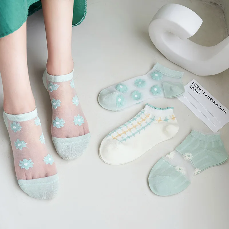 

Spring/summer ultra thin lace glass silk cotton bottom breathable women's socks women's crystal silk socks green card socks
