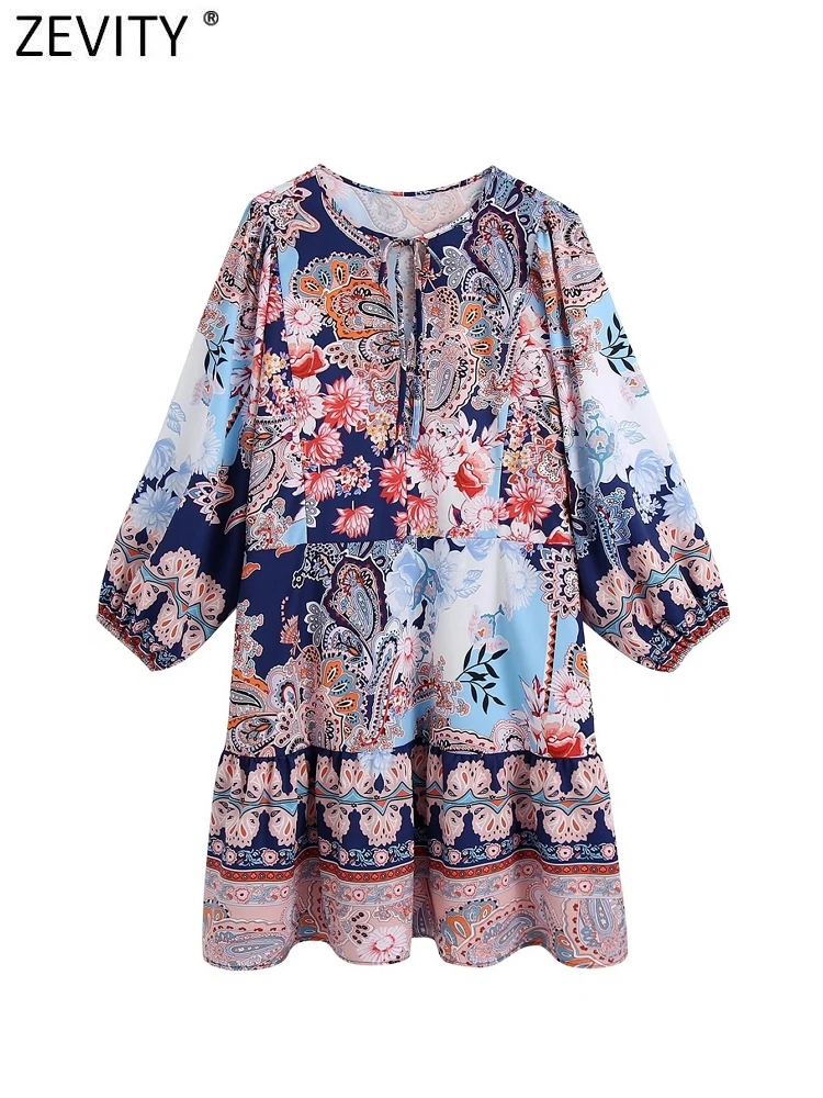 

ZEVITY Women National Style Court Totem Floral Print Retro Mini Dress Female Chic Lantern Sleeve Lace Up Vestidos Mujer DS9376