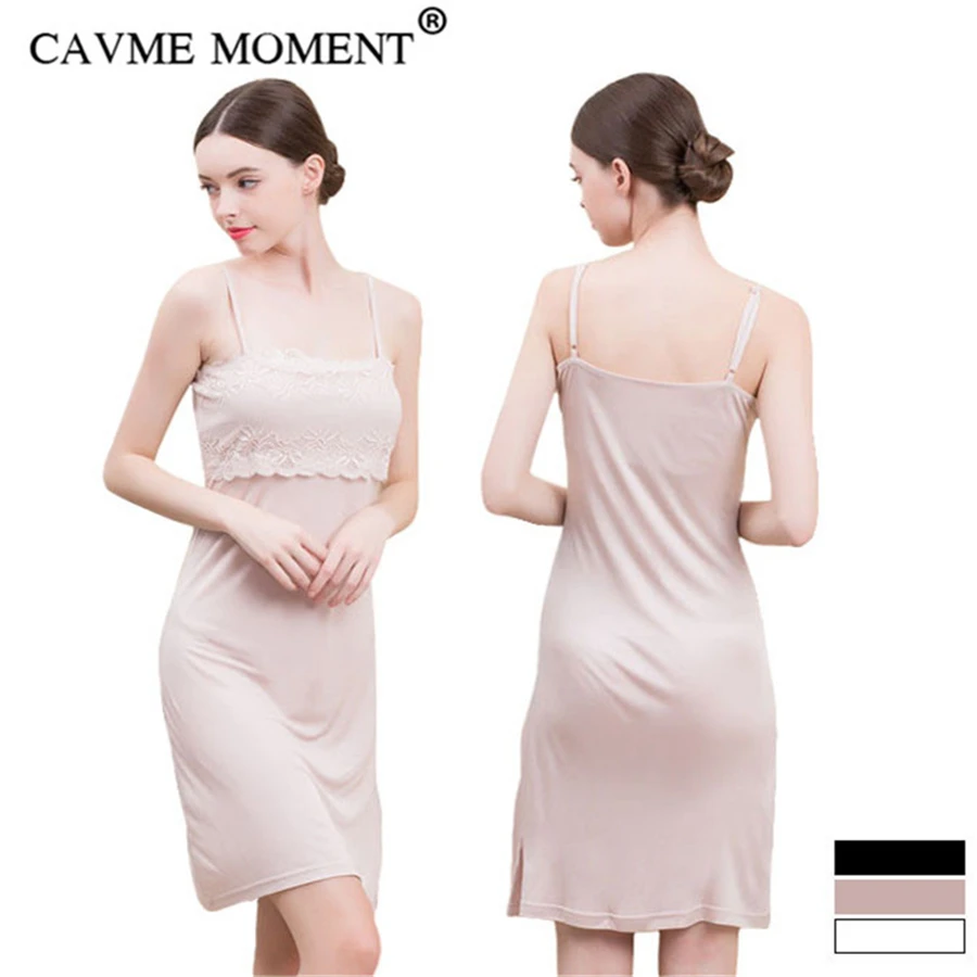 CAVME Summer Nightwear Sexy Lace Spaghetti Strap Silk Plus Size Nightgown Women Ladies Solid Color Elegant Underdress Underskirt