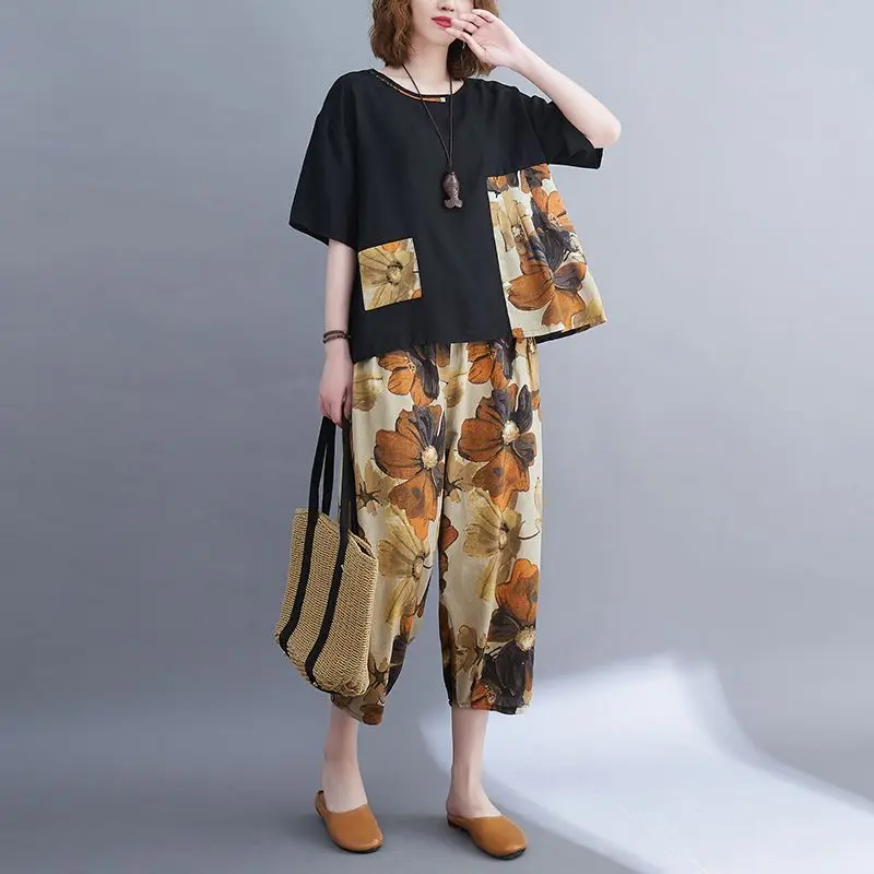 Футболка и укороченные штаны из чистого хлопка для женщин Свободный