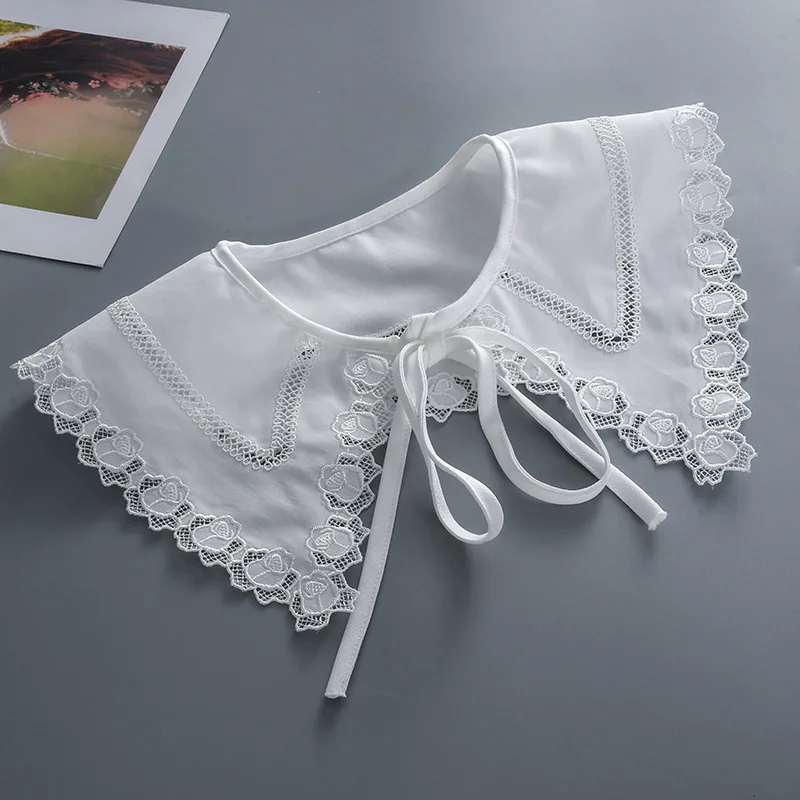 

Korean White Lapel Fake Collar Shawl for Women Half Shirt Detachable Collar Scarf Necklace Solid Color Floral Lace False Collar