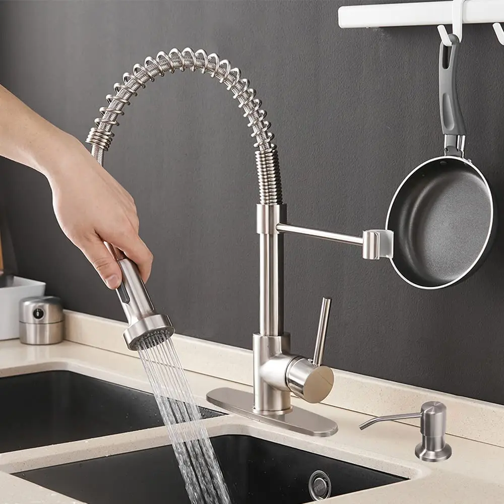OWOFAN Kitchen Faucets Commercial Solid Brass Single Handle Lever Pull Down Sprayer Spring Sink Faucet Brushed Ni |