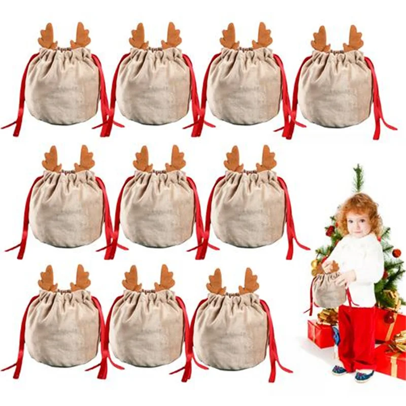 10 шт., рождественские подарочные пакеты с оленями для конфет, бархатные мешки с Санта-Клаусом, сумка на шнурке, Рождественское украшение, дет...
