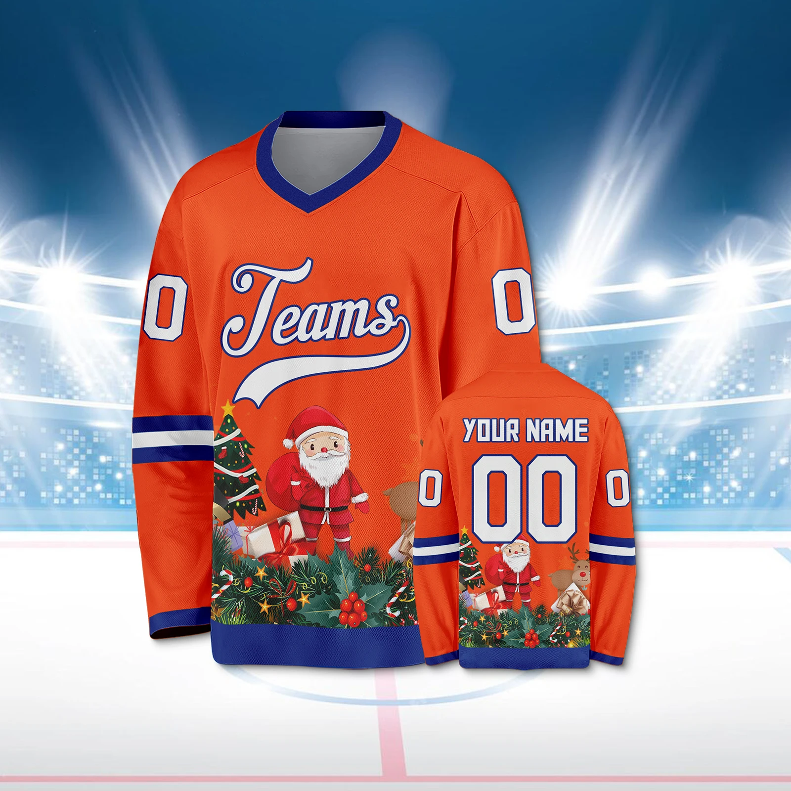 Оранжевый рождественский хоккейный трикотаж с принтом имени команды номер