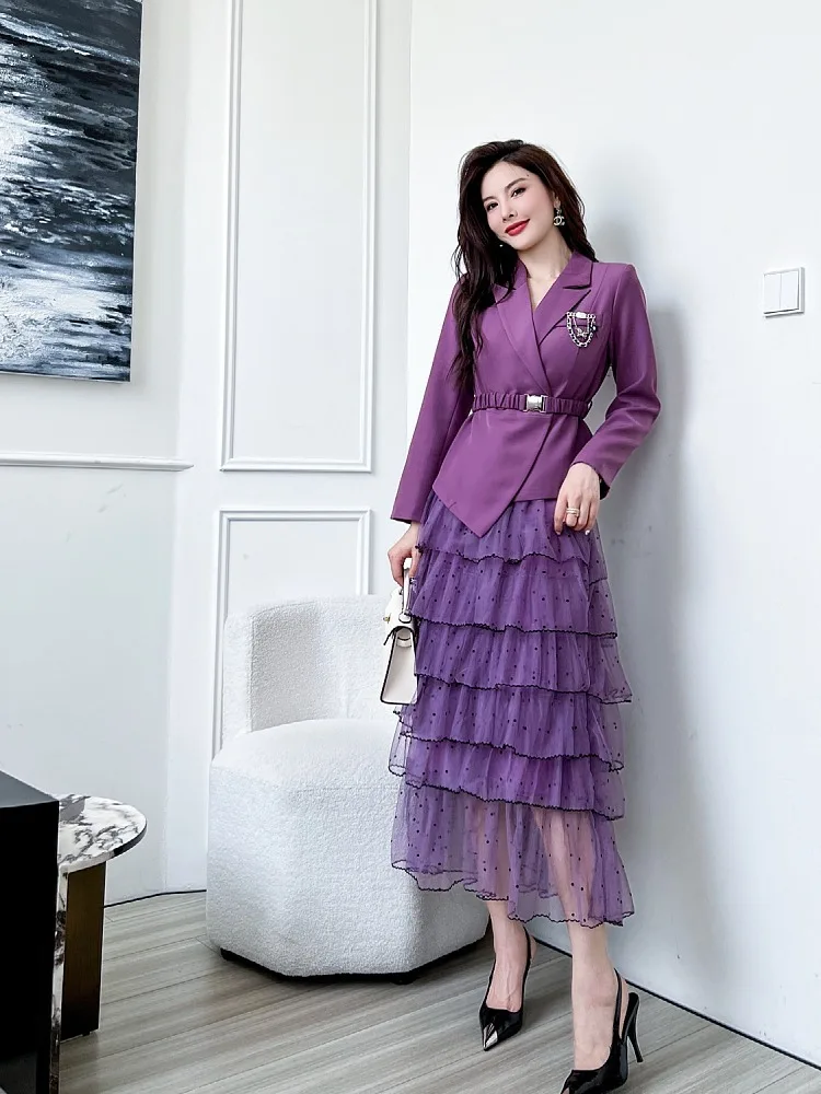 

Fashiona Elegant Spring Autumn New Women's Suit Long Sleeved Tops Mesh Skirt Celebrity Party Casual Designer High Quality Sets