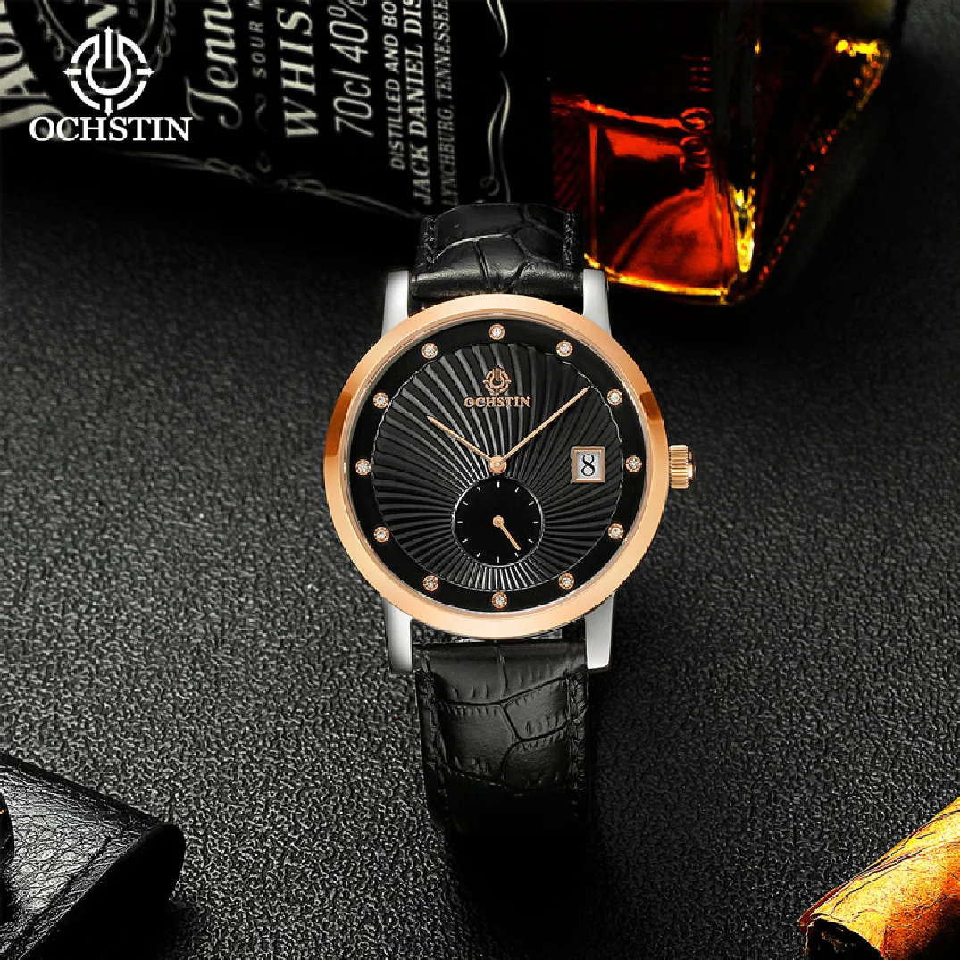 

OCHSITN Unique Mens Watches Date Quartz Wristwatch Black White Leather Luxury Fashion Diamond Watch For Men Jewelry Waterproof