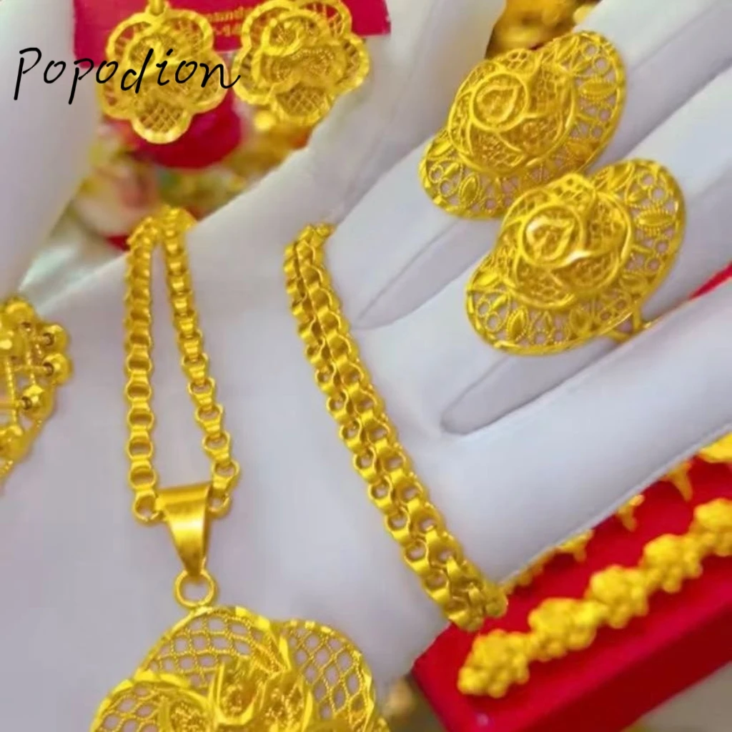 Женское ожерелье кольцо и браслет из Дубая с покрытием 24-каратным золотом