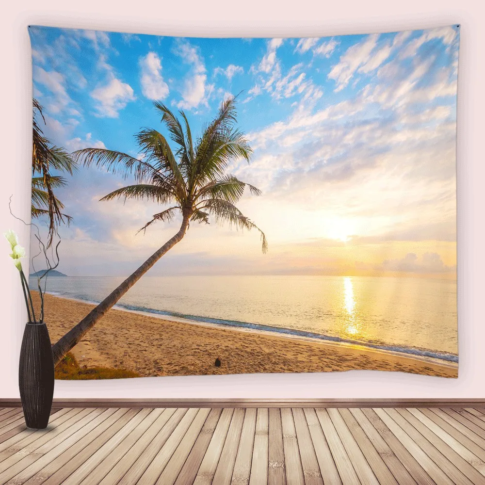 

Ocean Beach Tapestry Wall Hanging Tropical Paradise Coconut Palm Tree Hawaiian Sunset Waves Nature For Dorm Bedroom Living Room