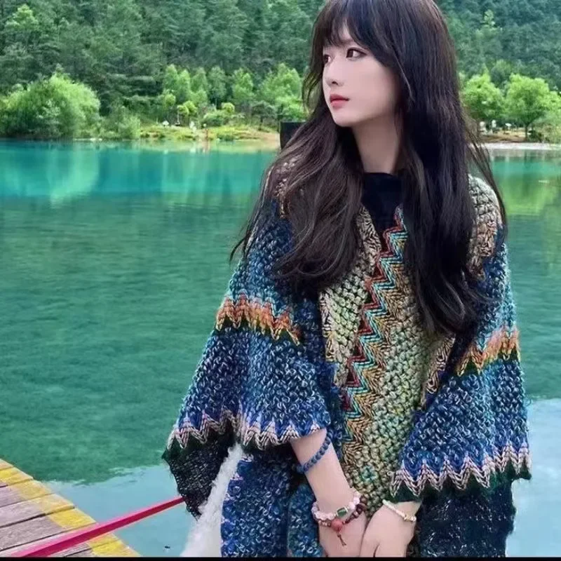 WeHello-пончо оверсайз для женщин свитер в полоску свободная накидка Женская шаль