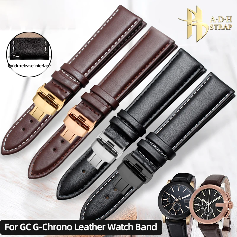 Enlarge Fit  for GC Leather Strap YA126464 YA142309 YA101202 22 23mm  Genuine Leather Watch Band Butterfly Buckle Strap Accessories