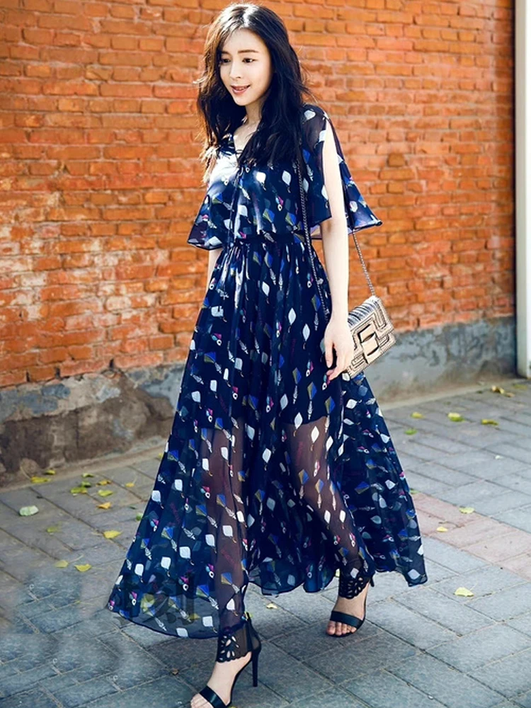 

High Street Fashion 2022 Summer New Women's Vacation Party Casual Vintage Elegant Chic Fashion Short Sleeve Print Midi Dress