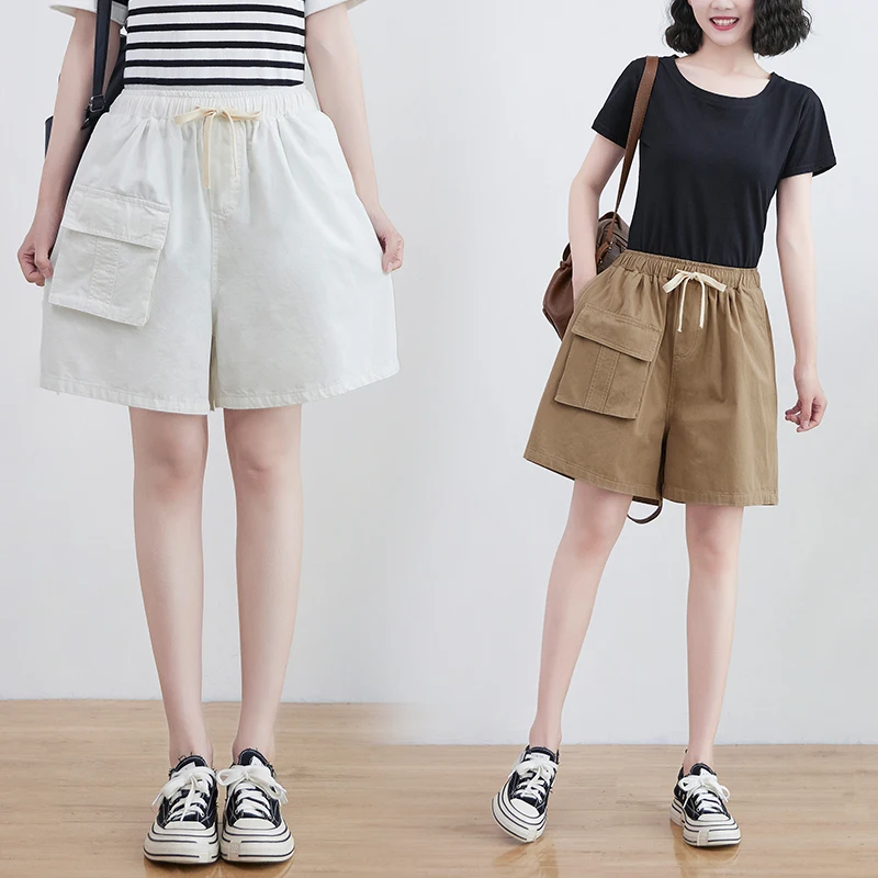 

Literary And Artistic Large Pocket Shorts Women's Summer Elastic Waist Lace Up Loose And Thin A-word Wide Leg Capris