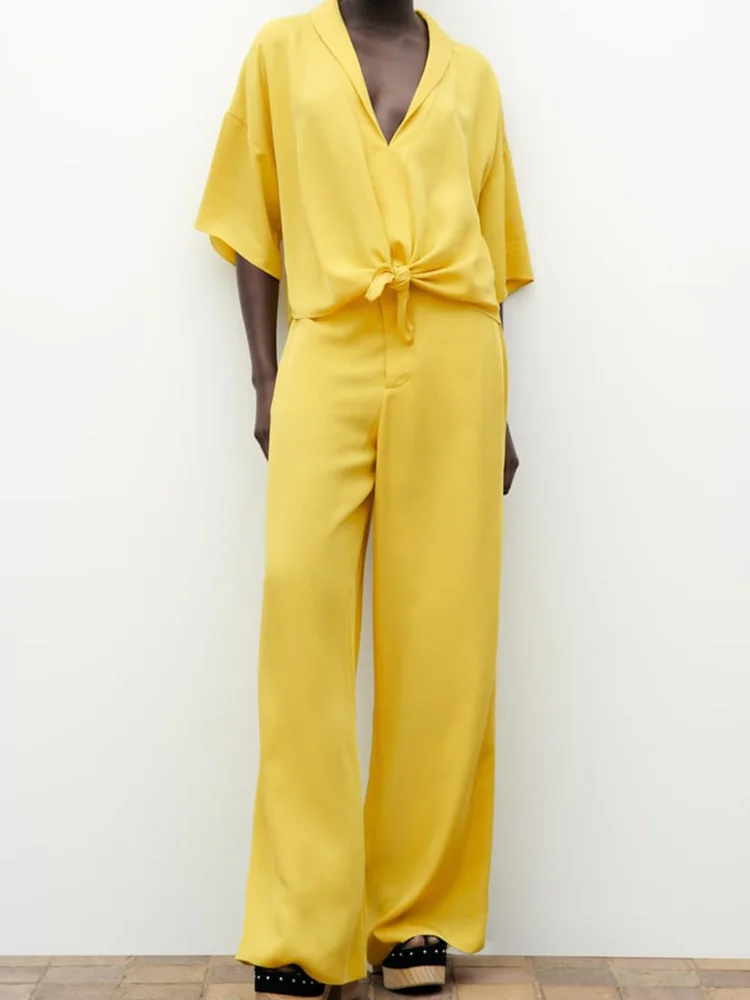 

Женский костюм-двойка из блузки и брюк Kumsvag, однотонный атласный комплект свободного покроя из двух предметов, одежда на лето, 2023