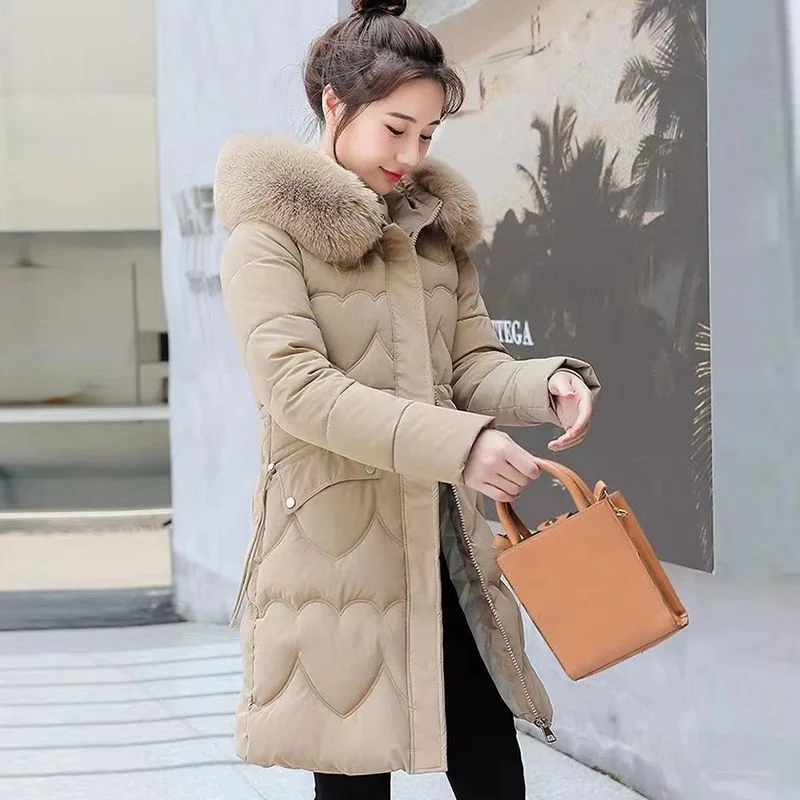 2022 Winter New Mid length Cotton Shirt Women's Korean version Knee length Slim fitting cotton jacket with warm fur collar down