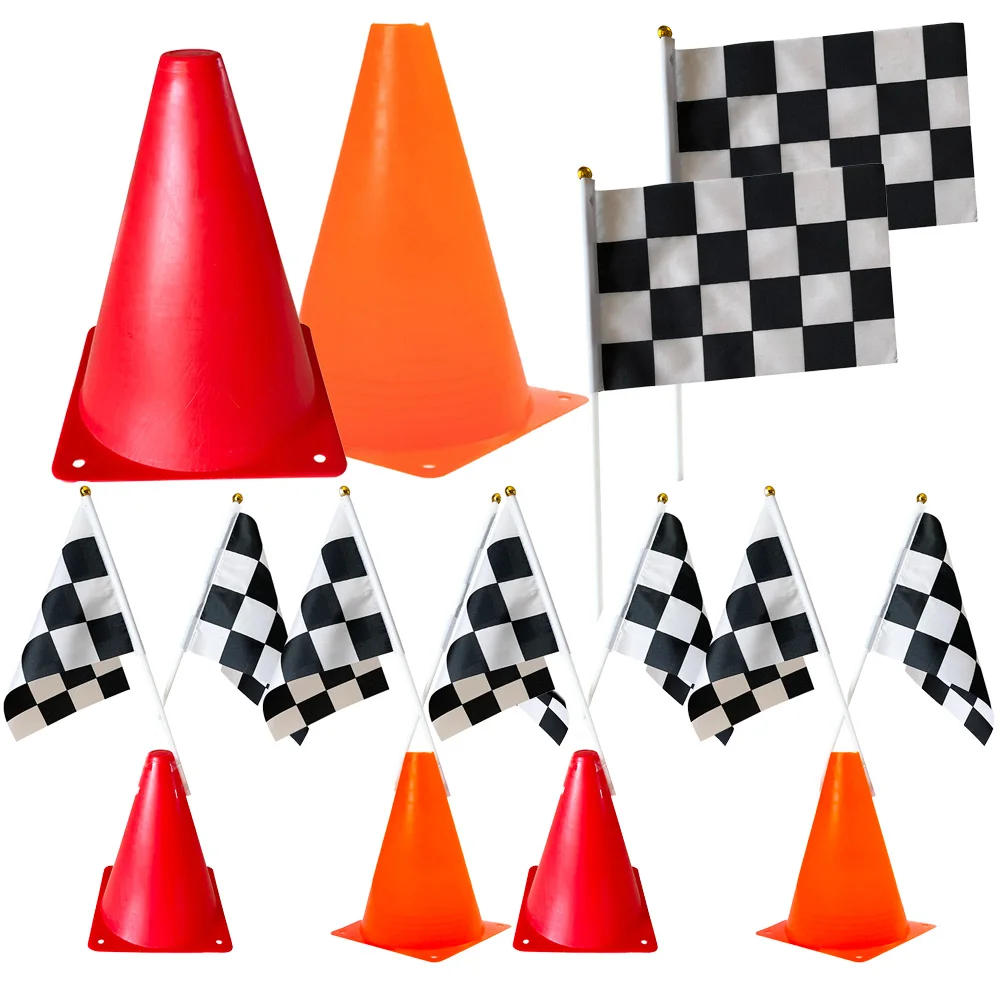 

Race Car Traffic Cones and Racing Checkered Flags Black and White Flags Orange Sports Safety Cones Kids Birthday Party Supplies